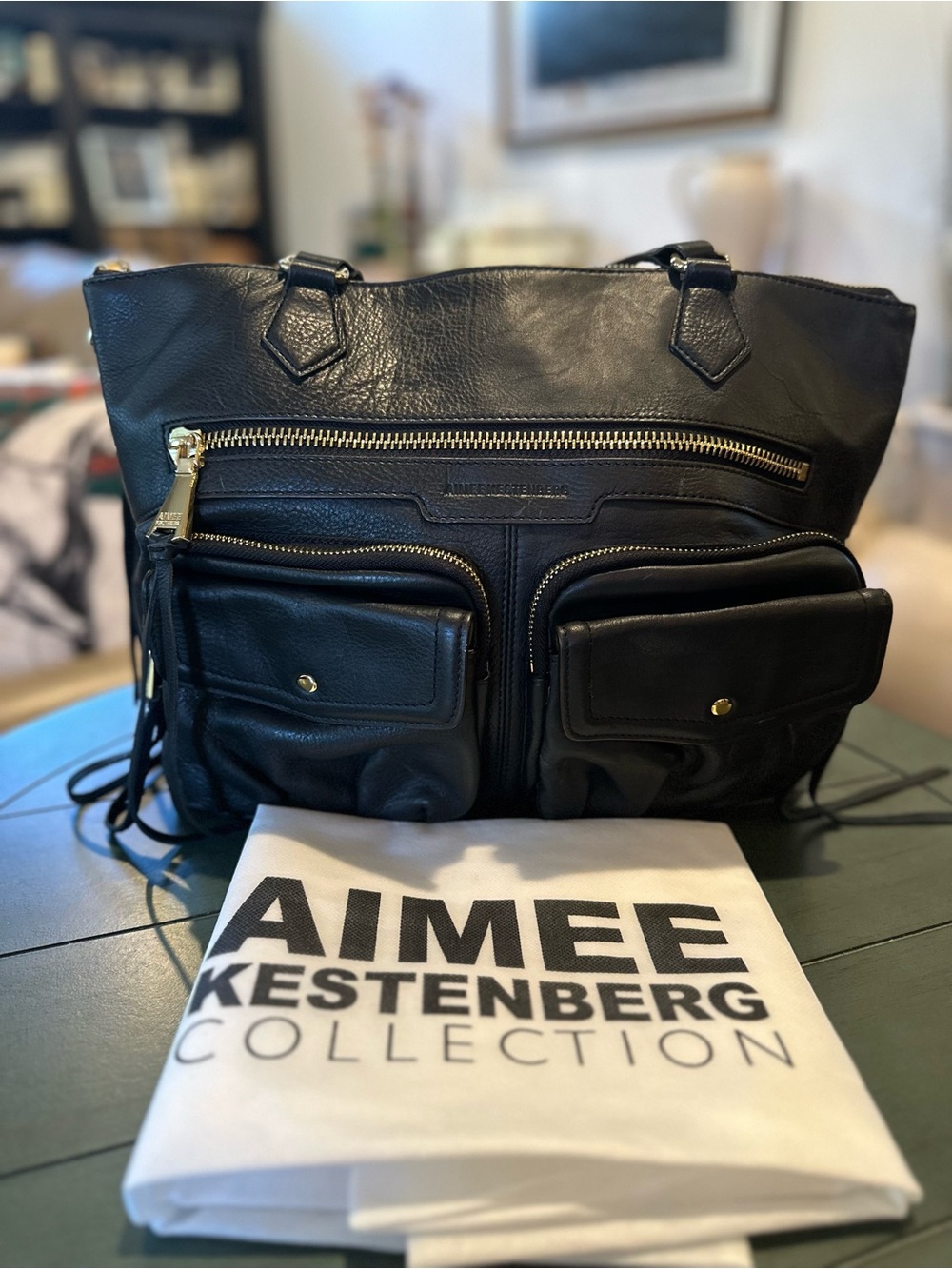 Aimee Kestenberg Black Leather Messenger Bag with Front Pockets